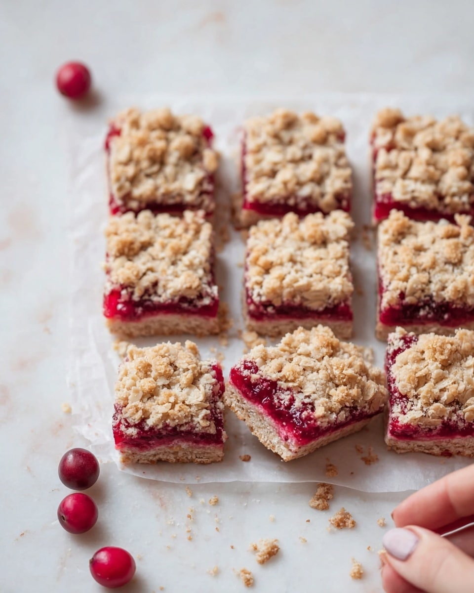 The image shows a close-up of several square oatmeal fruit bars arranged on a white marbled surface. Each bar has three visible layers: the bottom layer is a dense, light beige oat crust with a slightly crumbly texture; the middle layer is a vivid red fruit filling with visible seeds and a moist, juicy look; the top layer is a chunky, golden oat crumble that looks crisp and slightly uneven. One bar is placed in the front center, standing out with the layers clearly seen, and a few red berries are scattered around the bars. The overall lighting is bright and natural, highlighting the texture contrasts between the soft fruit and crunchy oat layers. Photo taken with an iphone --ar 4:5 --v 7