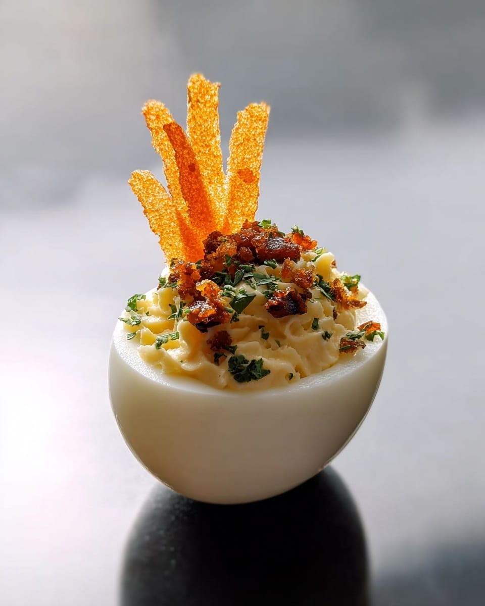 A close-up of a single halved boiled egg with a smooth white outer layer and creamy pale yellow filling in the middle. On top of the filling is a small pile of finely chopped reddish-brown bits, scattered dark green herbs, and tiny black pepper pieces. At the back of the filling, two thin, lacy, orange crisps stand upright, adding texture and height. The egg is placed on a glossy black surface reflecting its shape against a white marbled background. photo taken with an iphone --ar 4:5 --v 7