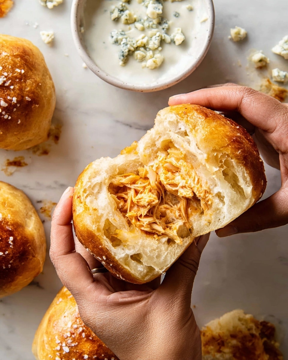 A pair of hands hold a soft, golden-brown dough ball that is torn open to show the inside filled with shredded light orange chicken mixed with melted cheese that stretches between the two halves. Around the hands, there are other golden dough balls sprinkled with coarse salt, placed on a white marbled surface. At the top center, there is a small white bowl with creamy white dressing topped with chunks of blue cheese. The dough has a slightly crispy, toasted outer layer and a soft, fluffy inside. Photo taken with an iphone --ar 4:5 --v 7