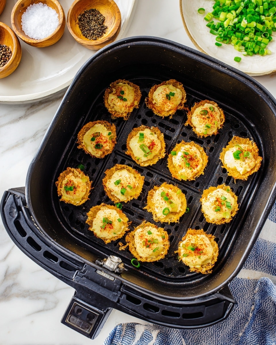 Inside a black air fryer basket, there are twelve small, round, crispy golden-brown pieces arranged in a grid. Each piece has a crunchy outer layer with a creamy yellow topping that looks smooth and thick, sprinkled with small green onion pieces and a light dusting of reddish spice on top. The air fryer basket sits on a white marbled surface, next to a white plate holding chopped green onions, and wooden bowls containing white salt and black peppercorns. A striped blue and white cloth is partially visible under the air fryer. photo taken with an iphone --ar 4:5 --v 7
