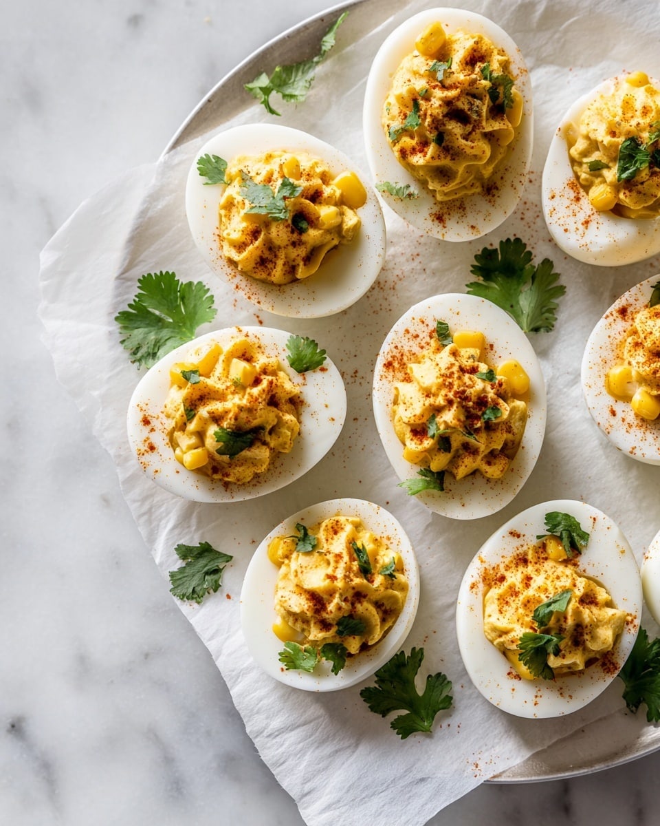 A white plate holds a sheet of brown parchment paper with ten deviled egg halves on top. Each egg has three layers: a smooth white egg white base, a creamy yellow filling with a slightly swirled texture in the center, and a dusting of reddish-brown spice sprinkled over the filling. A small green cilantro leaf and a few yellow corn kernels decorate the filling on each piece. The plate sits on a white marbled surface next to a beige cloth napkin and some green cilantro leaves. Photo taken with an iphone --ar 4:5 --v 7