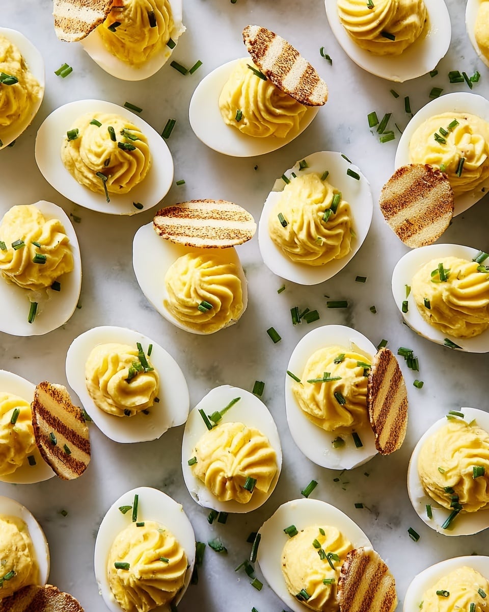 The image shows many halves of white boiled eggs laid out on a white marbled surface. Each half has a smooth, bright yellow creamy filling shaped into a swirl on top of the white egg base. Small green chive pieces are sprinkled over and around each egg, adding a fresh touch of color. A small, round, light brown grilled chip with visible lines and some burnt marks is placed leaning on the yellow filling on each egg half, creating a layered look. The overall arrangement is spread evenly, with an inviting and clean presentation. photo taken with an iphone --ar 4:5 --v 7