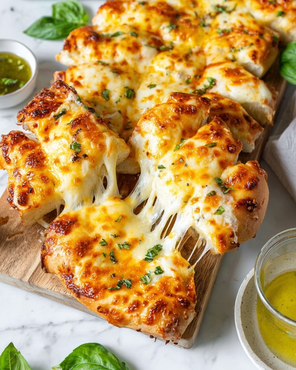 The image shows a close-up of cheesy bread sticks on a wooden board over a white marbled surface. The bread sticks have a thick, golden-brown crust on the bottom layer, topped with a thick layer of melted cheese that is bright yellow with browned spots and slightly bubbled texture. The melted cheese stretches between two pulled-apart pieces, showing stretchy, gooey cheese strands. There are small green herbs sprinkled lightly over the cheese. In the background, more bread sticks are visible with fresh green basil leaves placed around them. A small glass container with green sauce is slightly blurred on the side. photo taken with an iphone --ar 4:5 --v 7