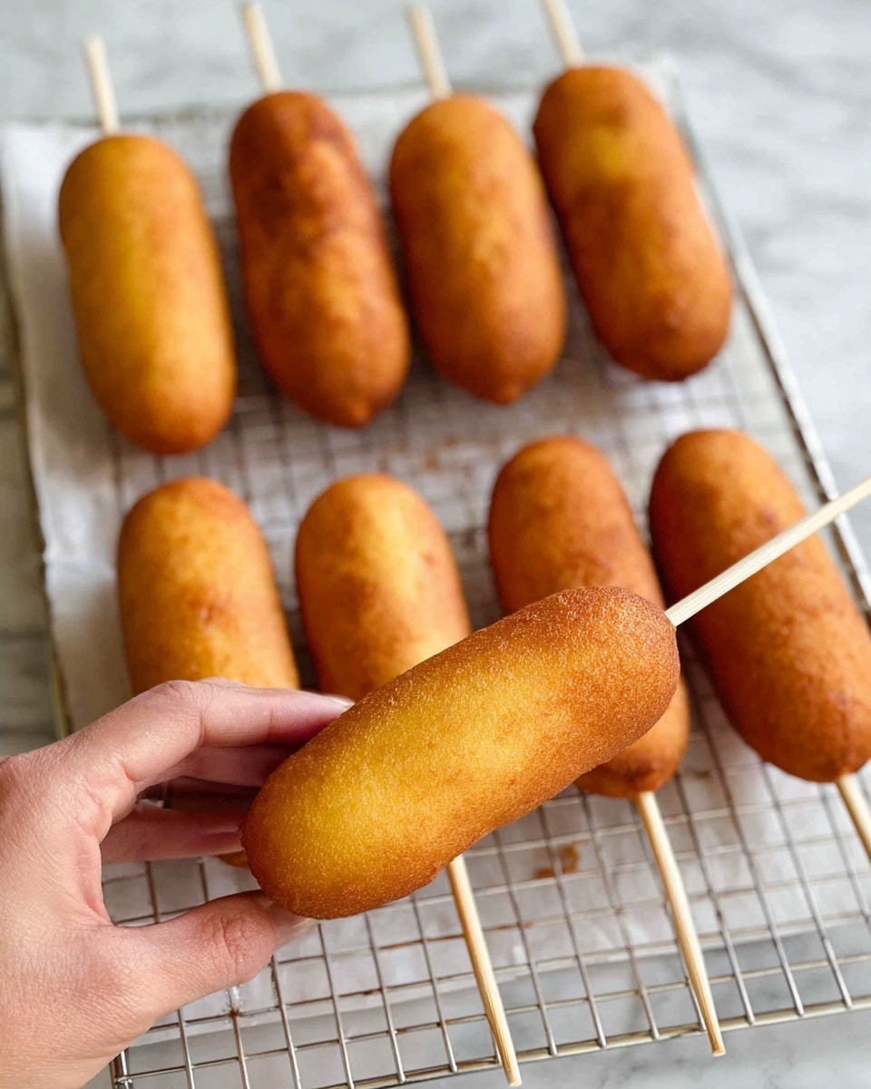 The image shows several golden brown corn dogs on white sticks resting on a cooling rack lined with parchment paper. The corn dogs have a smooth, evenly fried outer layer with a slightly crisp texture. In the foreground, a woman's hand is holding one corn dog, showing its full shape and color. The background surface is a white marbled texture. The overall look is warm and crispy, with many corn dogs arranged casually on the rack. photo taken with an iphone --ar 4:5 --v 7