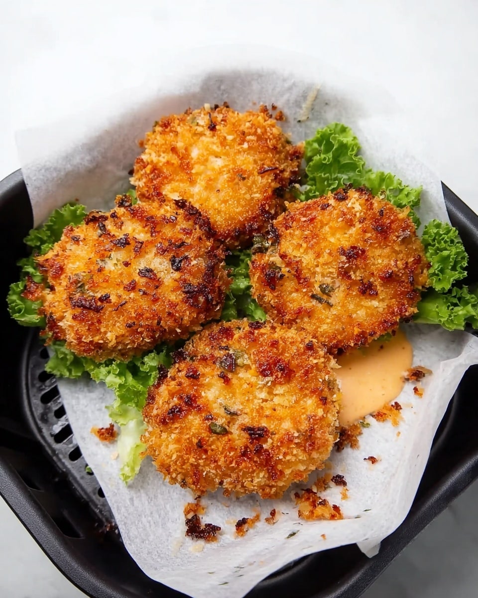 A white plate holds five golden brown fried shrimp arranged lightly over a bed of fresh green leafy lettuce. Each shrimp is crispy on the outside, with a crumbly texture and some small green garnish pieces on top. Near the edge of the plate, a clear glass bowl with light orange creamy dipping sauce sits, contrasting with the white plate and green lettuce. The plate rests on a white marbled surface that complements the bright colors of the food. photo taken with an iphone --ar 4:5 --v 7