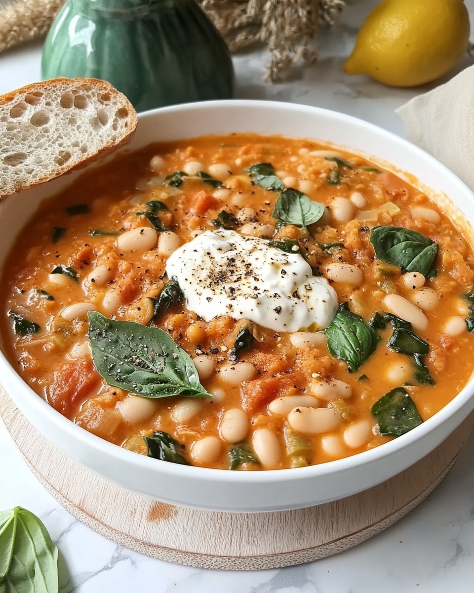 A white deep plate holds a thick stew with a creamy orange base filled with white beans and dark green spinach leaves scattered throughout. On top, a dollop of white cream is sprinkled with black pepper and surrounded by several fresh basil leaves. A piece of light brown bread rests on the edge of the plate. The dish is placed on a round wooden coaster over a white marbled surface, with a blurry background showing a green vase with dried stems and a small lemon-shaped cup to the side. photo taken with an iphone --ar 4:5 --v 6.1