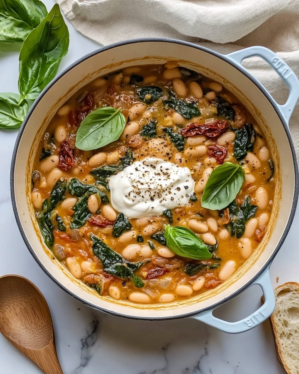 A white pot with light blue handles holds a creamy dish filled with white beans and pieces of sun-dried tomatoes mixed with wilted dark green spinach leaves. A dollop of soft white cream is placed near the center, sprinkled with black pepper. Whole fresh bright green basil leaves are scattered on top for garnish. The pot sits on a white marbled surface with a wooden spoon on the left and two slices of light brown bread on the right, resting on a wooden board. A leafy green herb is on the upper left corner, and a light beige textured cloth is placed on the upper right corner near the pot photo taken with an iphone --ar 4:5 --v 6.1