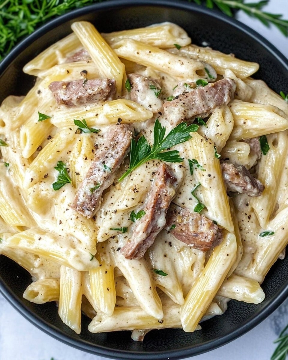 A dark bowl filled with creamy pasta made of light yellow penne noodles mixed with medium brown strips of meat, all coated in a white sauce with specks of black pepper. Bright green parsley leaves are scattered on top, adding a fresh pop of color. The bowl sits on a white marbled surface with some parsley leaves around it and a sprig of green rosemary to the side. Photo taken with an iphone --ar 4:5 --v 6.1
