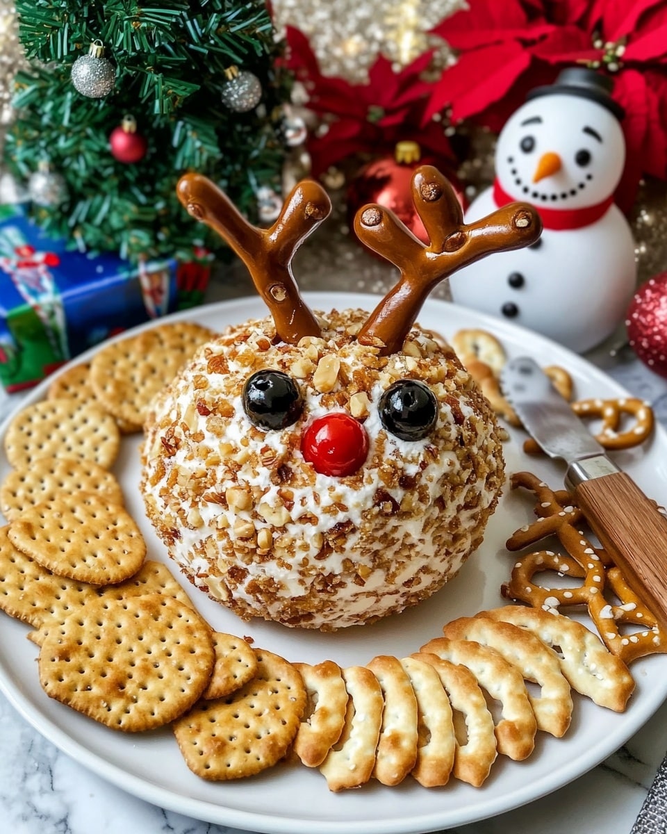 A small round cheese ball covered in chopped nuts is decorated to look like a reindeer face with two black olives as eyes, a small red cherry tomato nose, and two pretzels as antlers placed on top. The cheese ball is centered on a large white plate. Around the cheese ball, there is a ring of round golden crackers on the left side and a ring of small salted pretzels on the right side, with a woman’s hand holding a small knife with a wooden handle resting next to the pretzels. In the background, there is a snowman figurine wearing a red and beige striped hat and scarf, green Christmas tree sugar decoration, and festive holiday gift boxes with red and green patterns, along with shiny red and silver Christmas balls. The whole setup is on a white marbled surface. photo taken with an iphone --ar 4:5 --v 6.1