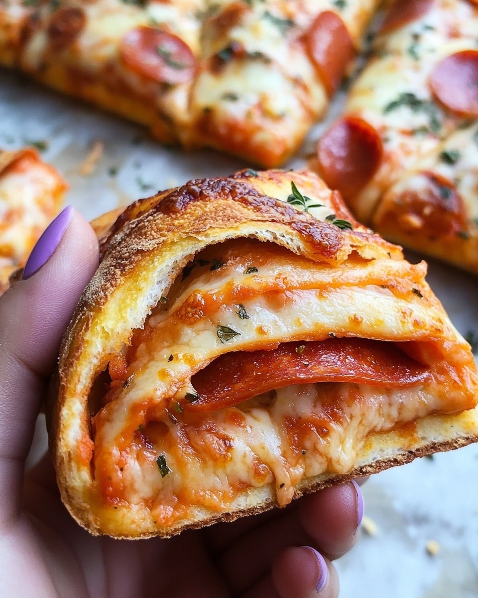 A close-up of a folded pizza slice held between two fingers with purple nail polish, showing several layers inside. The outer crust is golden brown and sprinkled with green herbs. Inside, multiple thin, folded layers of red pepperoni and melted pale yellow cheese alternate tightly. The background shows more folded pizza slices on parchment paper over a white marbled surface. The image captures the melted texture of the cheese and the thickness of the crust. Photo taken with an iphone --ar 4:5 --v 6.1