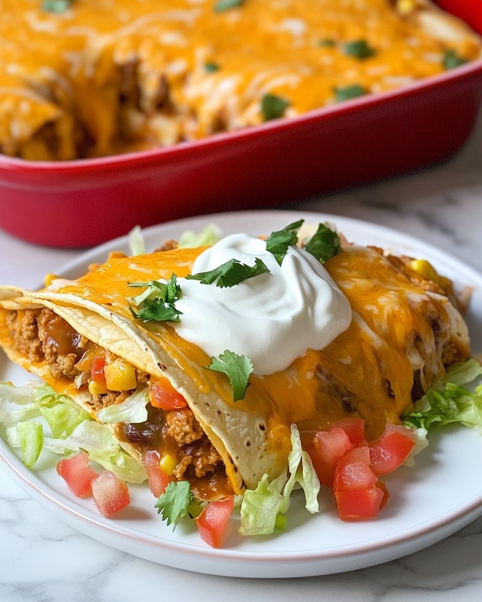 The image shows a white plate with three folded tacos piled together, each taco filled with a mix of orange melted cheese and seasoned meat. On top, there is a loose layer of shredded light green lettuce and small diced red tomatoes. A swirl of thick white sour cream runs over the toppings. Behind the plate, there is a large white casserole dish with a red outer edge, filled with more layered tacos covered in melted cheese and bits of green onion on top. The background is a white marbled surface. Photo taken with an iphone --ar 4:5 --v 6.1