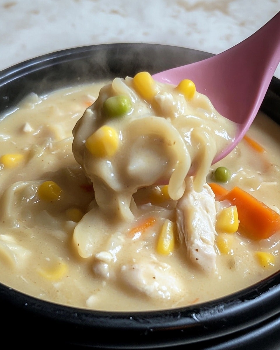 A close-up view of a thick creamy soup with three layers visible: the top layer consists of soft cooked white noodles mixed with light orange small carrot pieces and yellow corn kernels; the middle layer shows white, tender chunks of chicken and pale green cut green beans; the bottom layer is the creamy pale yellow broth that fills a black bowl. Steam rises from the dish, with a pink spoon holding a scoop of the soup above the bowl in the right part of the image. The background is a white marbled texture. Photo taken with an iphone --ar 4:5 --v 6.1