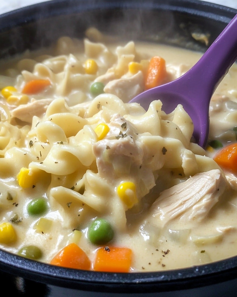 A close-up view of a creamy chicken and noodle soup in a black pot, showing thick white noodles mixed with chunks of tender light beige chicken and small pieces of colorful vegetables like orange carrots, yellow corn, and green beans. The soup is rich and creamy with steam rising, and a purple spoon scoops a hearty portion from the pot. The background is a white marbled texture. photo taken with an iphone --ar 4:5 --v 6.1