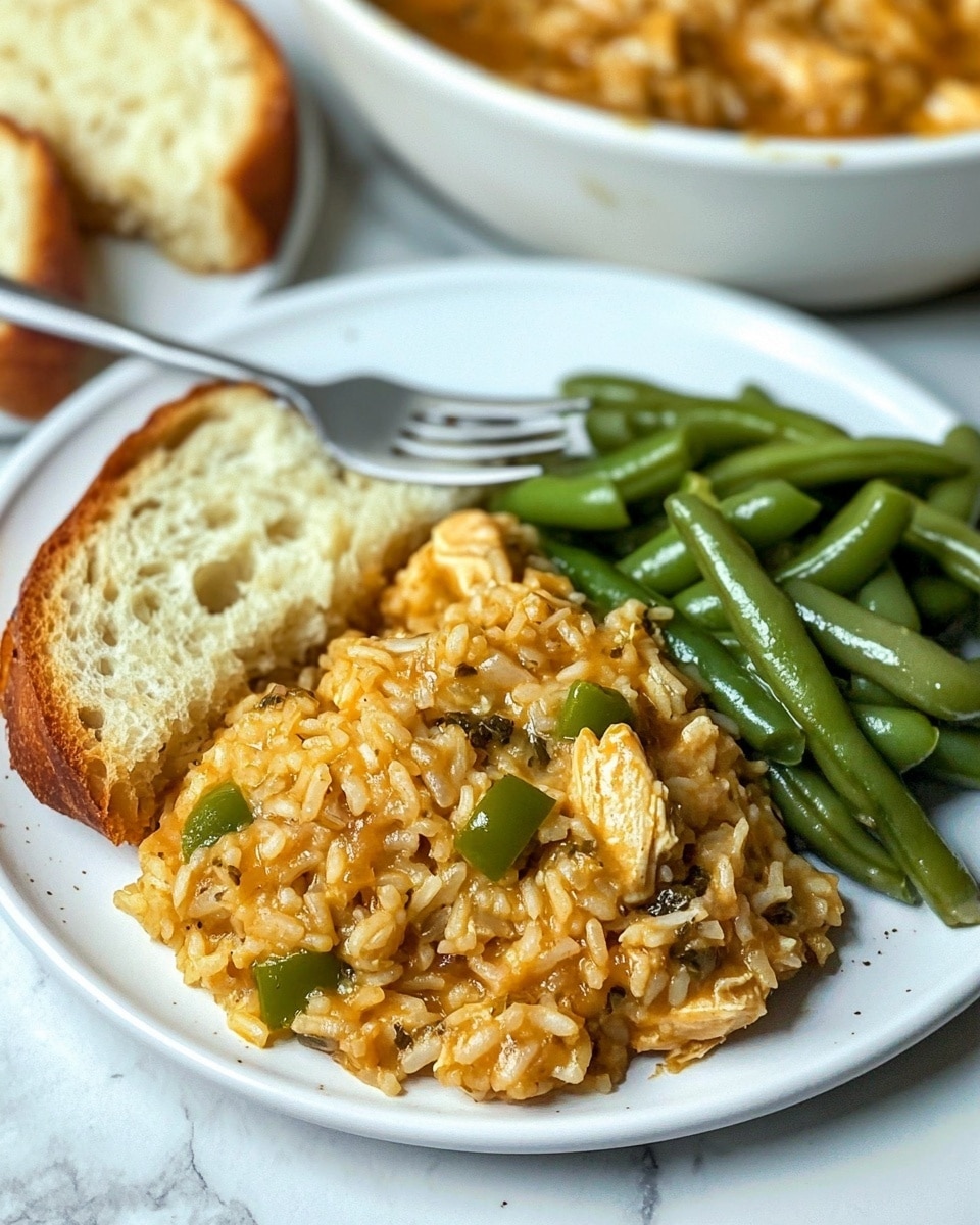 A white plate with three parts: on the left side, there is a slice of yellow garlic bread with a soft texture and some herbs visible; next to it in the center and covering most of the plate, there is a creamy mix of rice with small pieces of chicken and green bell peppers in a light brown sauce; on the right side, there is a pile of cooked green beans with a soft texture and dark green color. Over the plate, a silver fork holds a bite of the rice and chicken mix with green peppers. In the background, another white plate with two more slices of garlic bread and a bowl with the same rice and chicken mix can be seen. The whole scene is on a white marbled surface. Photo taken with an iphone --ar 4:5 --v 6.1