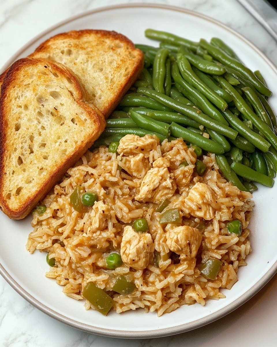 A white plate holds three food items: on the left side, there is one slice of golden-brown toasted garlic bread with a slightly crisp texture; next to it, there is a generous serving of creamy rice mixed with small pieces of chicken and diced green bell peppers, all coated in a light brown sauce; on the right side, there is a pile of cooked green beans, appearing tender and slightly glossy from seasoning. The plate is on a white marbled surface. Photo taken with an iphone --ar 4:5 --v 6.1