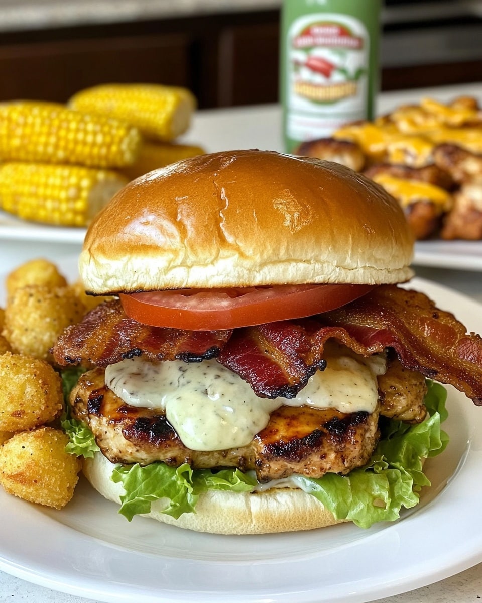 The image shows a burger on a white plate with a soft, shiny golden-brown bun on top and bottom. Inside the burger, there is crispy bacon with a dark reddish-brown color, grilled chicken with light brown and slightly charred parts, green lettuce, white ranch dressing, and two bright red tomato slices covered with more ranch sauce. Behind the burger, there are golden tater tots with green seasoning, a half-eaten grilled corn on the cob with a golden-yellow color and slightly charred marks, and a bottle of ranch dressing with a green label. In the background, on another white plate, there are three grilled chicken patties covered with melted cheddar cheese that is bright orange and slightly browned, and slices of red tomato and green lettuce. The surface under the plates is a white marbled texture. photo taken with an iphone --ar 4:5 --v 6.1