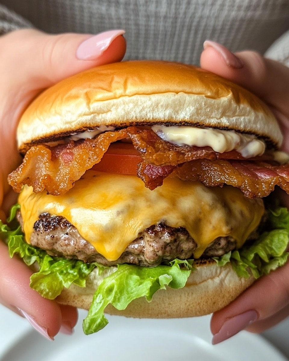 A close-up view of a burger held by a woman's hands, showing five layers inside a soft, golden brown bun top. The bottom layer is a light brown meat patty covered with melted yellow-orange cheese that slightly drips over the edges. On top of the cheese is a layer of crispy brown bacon. Above the bacon, there is fresh, green leafy lettuce with ruffled edges. Next is a slice of bright red tomato with a dollop of white creamy sauce on it. The whole burger sits just above a white plate, all set on a white marbled surface. Photo taken with an iphone --ar 4:5 --v 6.1