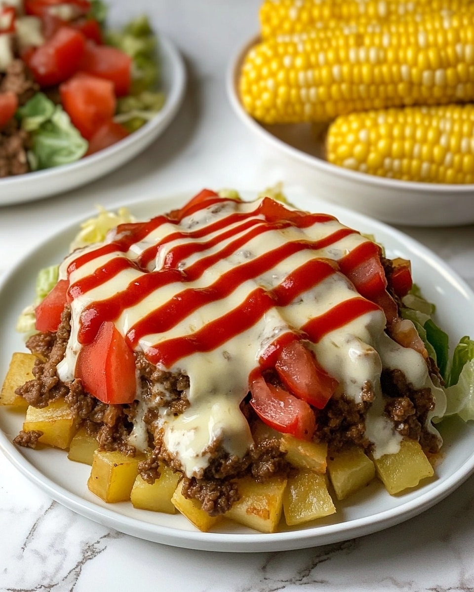 A white plate holds a layered dish starting with a base of golden, crispy diced potatoes. On top of the potatoes is a layer of cooked ground beef with a light brown color and soft texture. Scattered over the meat are pieces of bright red tomato and shredded light green lettuce. The dish is topped with drizzles of creamy white sauce and bright red sauce, creating a zigzag pattern over all layers. A fork lifting a bite shows a mix of all the layers, with the sauces shining under soft light. The surface beneath the plate is a white marbled texture. In the background, there is another white plate with the same dish and a bowl holding a bright yellow corn on the cob. photo taken with an iphone --ar 4:5 --v 6.1