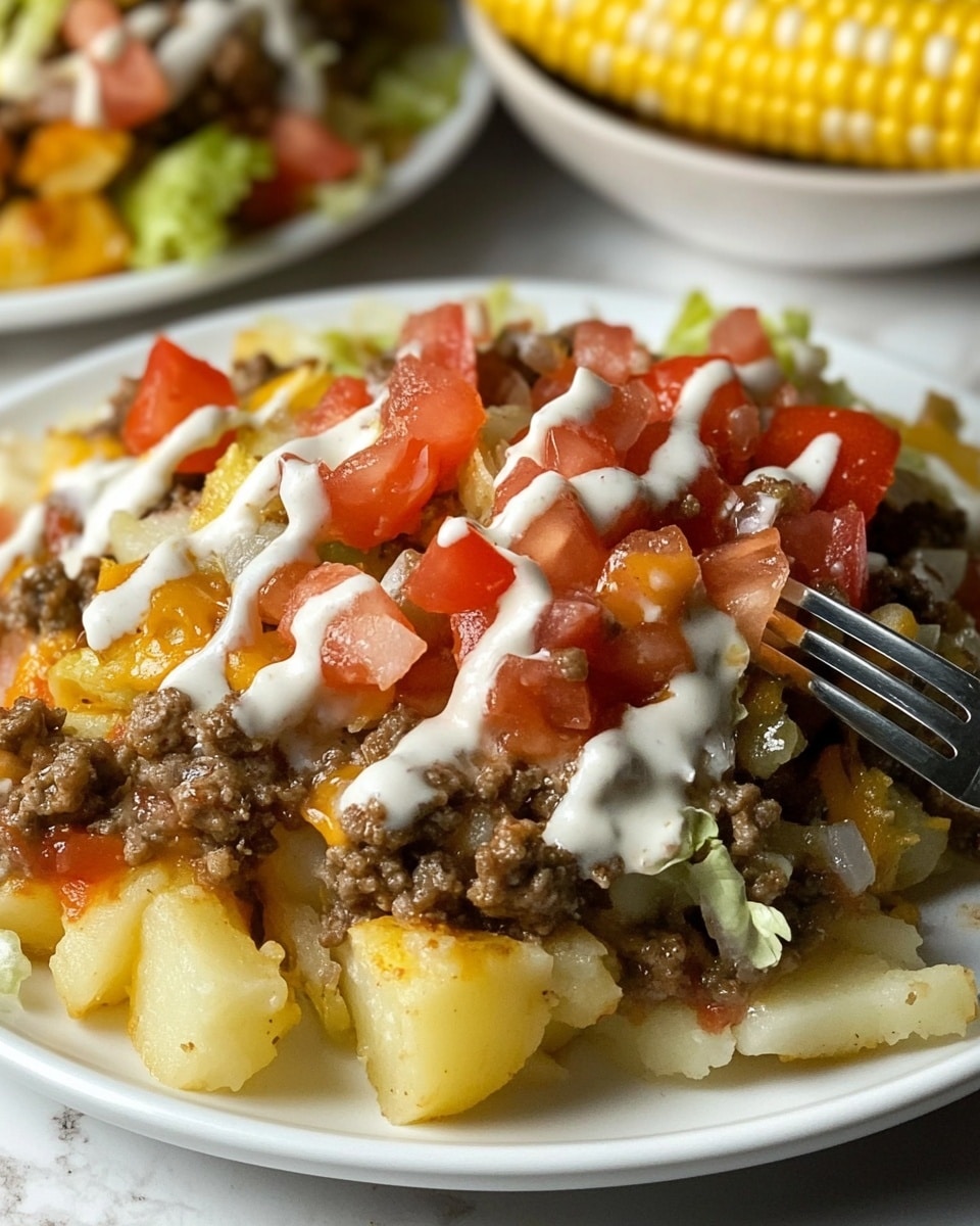 A white plate filled with a layered dish starting with a base of browned, small potato cubes. On top of the potatoes is a layer of cooked ground beef, followed by shredded pale green lettuce scattered all over. Chopped bright red tomatoes are spread unevenly on the lettuce. The whole dish is topped with thick, smooth white sauce applied in parallel lines and bright red sauce drizzled in a similar pattern. The plate sits on a white marbled surface with parts of other white bowls of food visible in the background, and a woman's hand reaching from the right side. Photo taken with an iphone --ar 4:5 --v 6.1