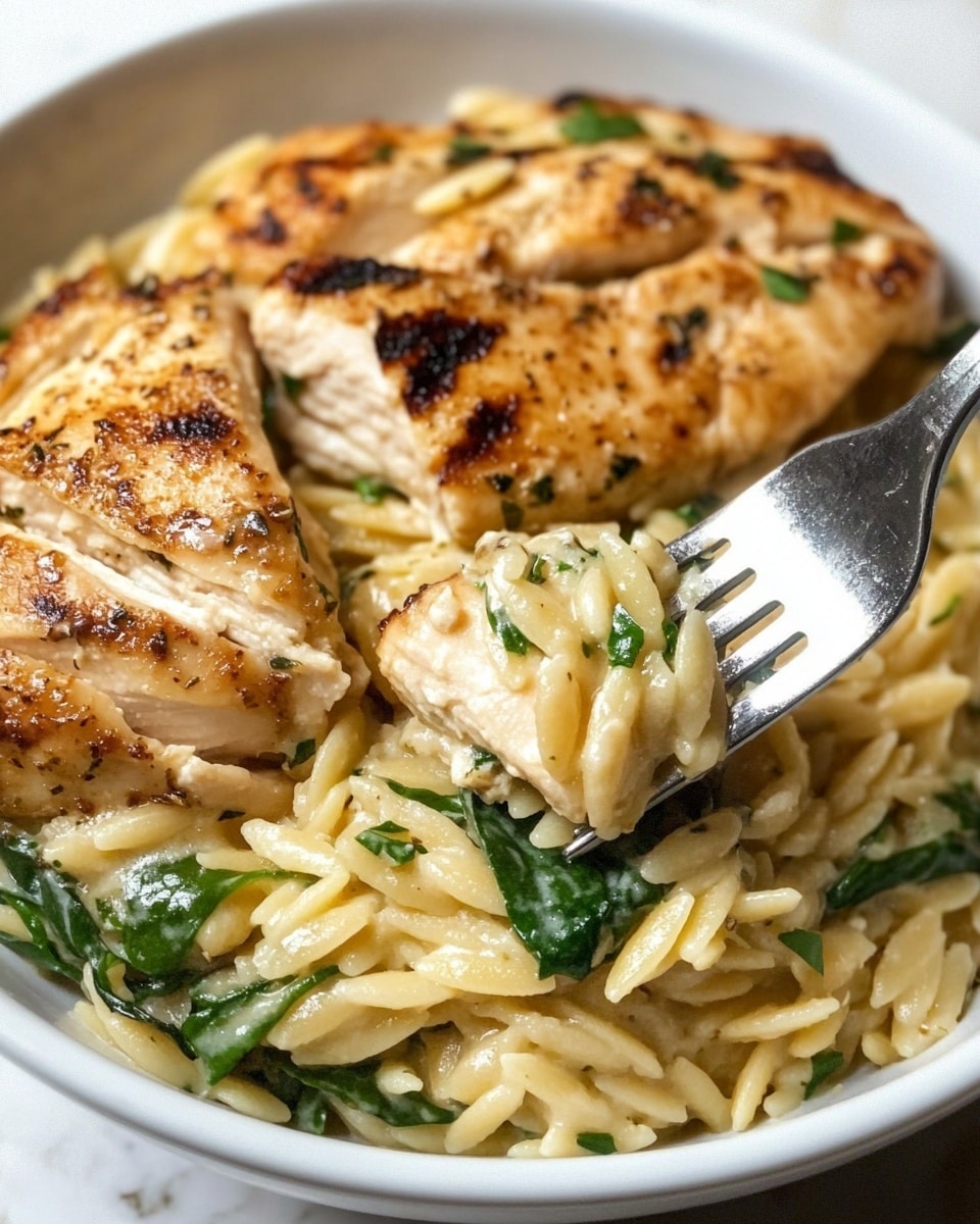 A white shallow bowl holds a creamy orzo pasta mixed with green spinach and small chopped herbs, topped with several pieces of browned grilled chicken arranged on one side. The orzo is light beige and looks soft, with a smooth texture and scattered green leaves. A silver fork lifts a bite showing a piece of the golden chicken and pasta mixed with spinach. The bowl sits on a white marbled surface. photo taken with an iphone --ar 4:5 --v 6.1