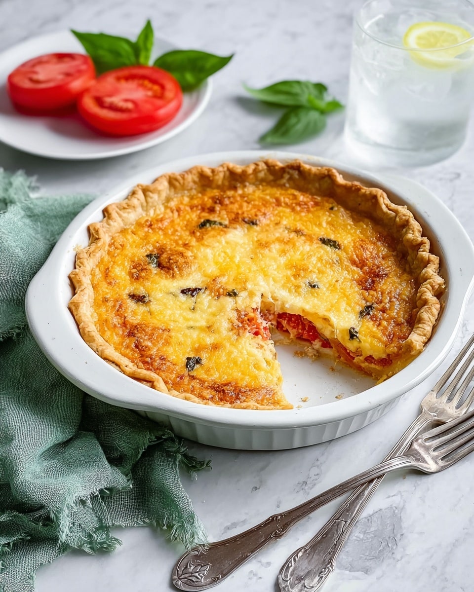 A round pie baked in a white ceramic dish with handles shows a golden brown top layer made of melted cheese with a slightly crispy texture. One large slice is missing, revealing a thin light brown crust at the bottom and a colorful filling of red tomato pieces and green herbs inside. The crust edge is thick, golden, and crimped around the pie. The dish is placed on a white marbled surface, next to two vintage silver forks and a crumpled green cloth napkin. In the background, there is a white plate with a red tomato and green basil leaves, and a clear glass of iced water with a lemon slice. Photo taken with an iphone --ar 4:5 --v 7