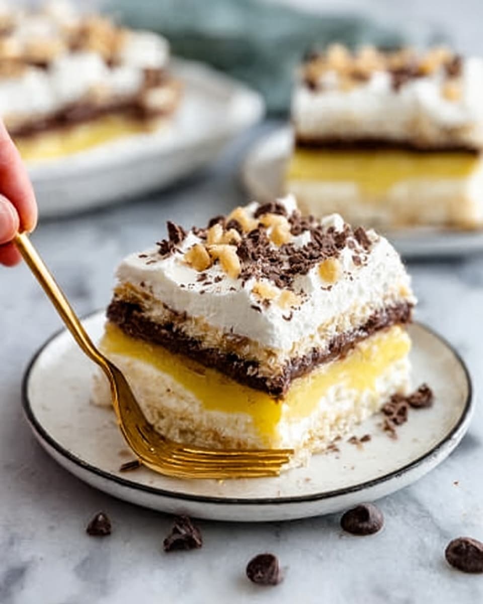 The image shows a slice of layered dessert on a white plate with a thin black rim. The dessert has four visible layers: the bottom layer is a light-colored, crumbly crust; above it is a bright yellow, smooth filling; the next layer is a thick, dark chocolate layer; and the top layer is white whipped cream sprinkled with chocolate chips and small bits of nuts. A woman's hand holds a gold fork near the slice, and chocolate chips are scattered around on a white marbled surface. In the background, there is another plate with a larger piece of the same dessert. Photo taken with an iphone --ar 4:5 --v 7