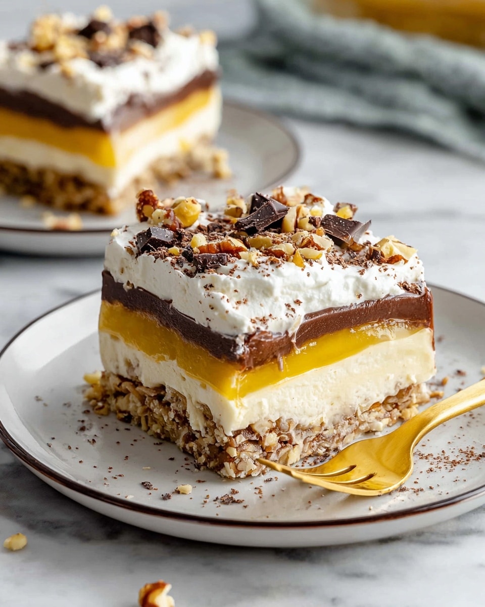 The image shows a dessert with four clear layers on a white plate with a thin dark edge, placed on a white marbled surface. The bottom layer is crumbly and light brown with visible small nut pieces. Above that is a creamy white layer that looks smooth. The third layer is a bright yellow jelly-like section, topped by a thick dark chocolate layer with bits mixed in. The top layer is whipped cream, sprinkled with small chocolate pieces and chopped nuts. A woman's hand is holding a gold fork with a bite of the dessert on it. In the background, there is another plate with a similar dessert piece. Photo taken with an iphone --ar 4:5 --v 7