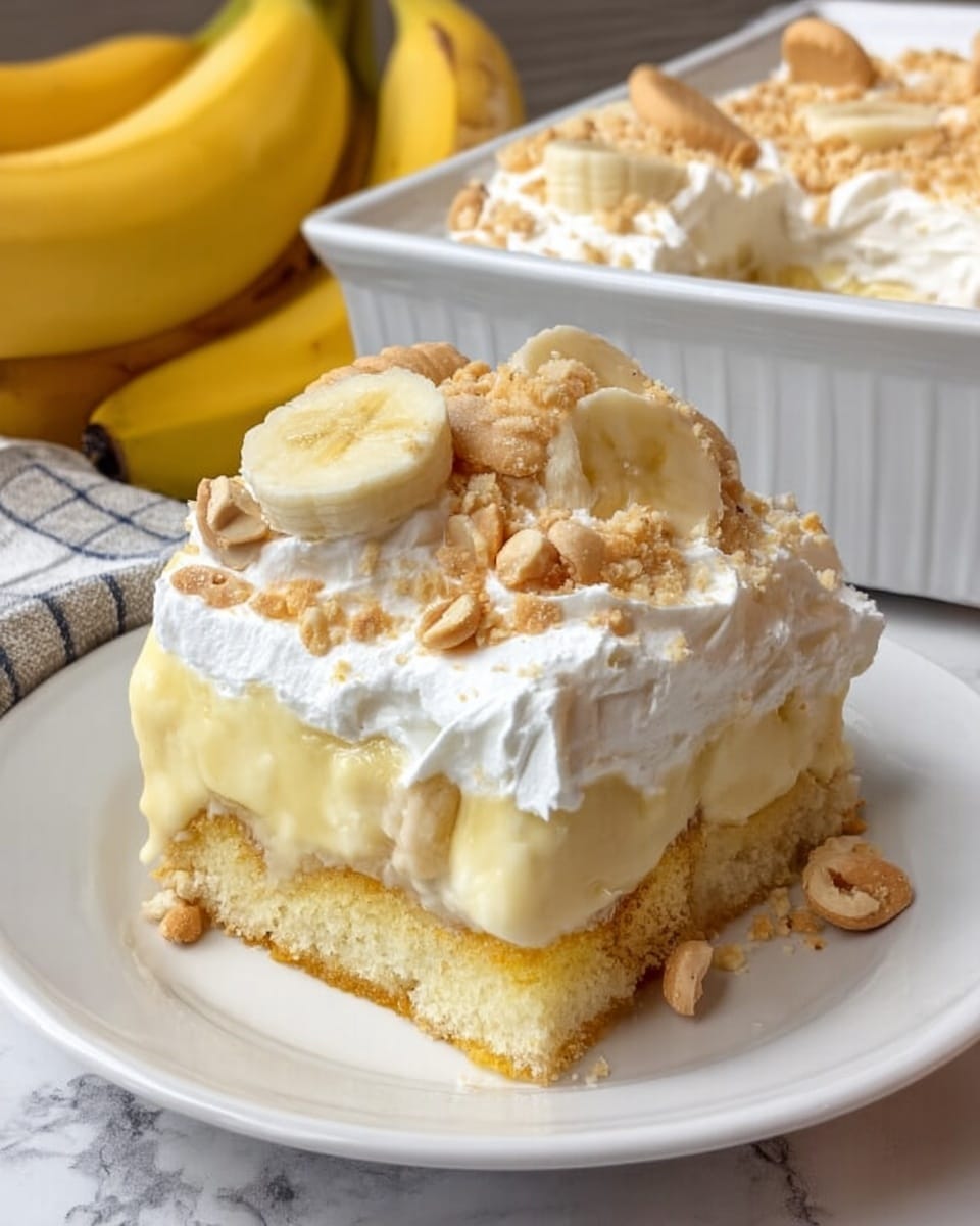 The image shows a piece of banana pudding dessert on a white plate placed on a white marbled surface. The dessert has three layers: a thick, moist yellow cake layer at the bottom, a smooth, creamy pale yellow pudding layer in the middle, and a fluffy whipped cream layer on top. The whipped cream layer is sprinkled with crushed vanilla wafers and topped with a few whole vanilla wafers and thin banana slices. In the background, there is a white baking dish containing more of the dessert and some whole bananas. Photo taken with an iphone --ar 4:5 --v 7