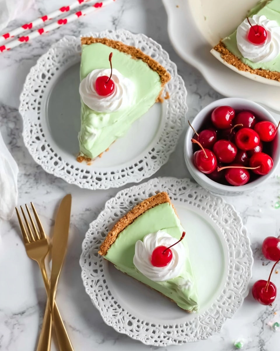 A white dish holds a dessert with three visible layers: the bottom layer is a dark brown crumbly texture resembling crushed cookies, the middle layer is smooth and light green, and the top layer is thick white cream with a fluffy texture. The cream layer is decorated with dark brown chocolate chips and small green and white clover-shaped and round sprinkles scattered all over. A metal spatula lifts a piece of the dessert, showing the layers clearly from the side. The background is a white marbled texture. Photo taken with an iphone --ar 4:5 --v 7