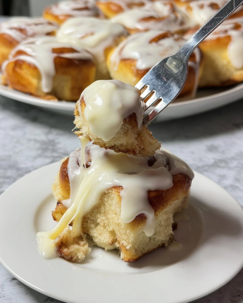 The image shows a close-up of a fork lifting a piece of cinnamon roll covered in thick, creamy white icing with a smooth texture. The cinnamon roll has a golden-brown top layer and soft light beige dough inside, with swirls of cinnamon visible near the bottom. The piece on the fork is gooey and dripping slightly with icing. Below, there is a white plate holding several cinnamon rolls, each topped with a layer of the same creamy white icing. The background features a white marbled surface and another white plate filled with more cinnamon rolls in soft golden brown shades. Photo taken with an iphone --ar 4:5 --v 7