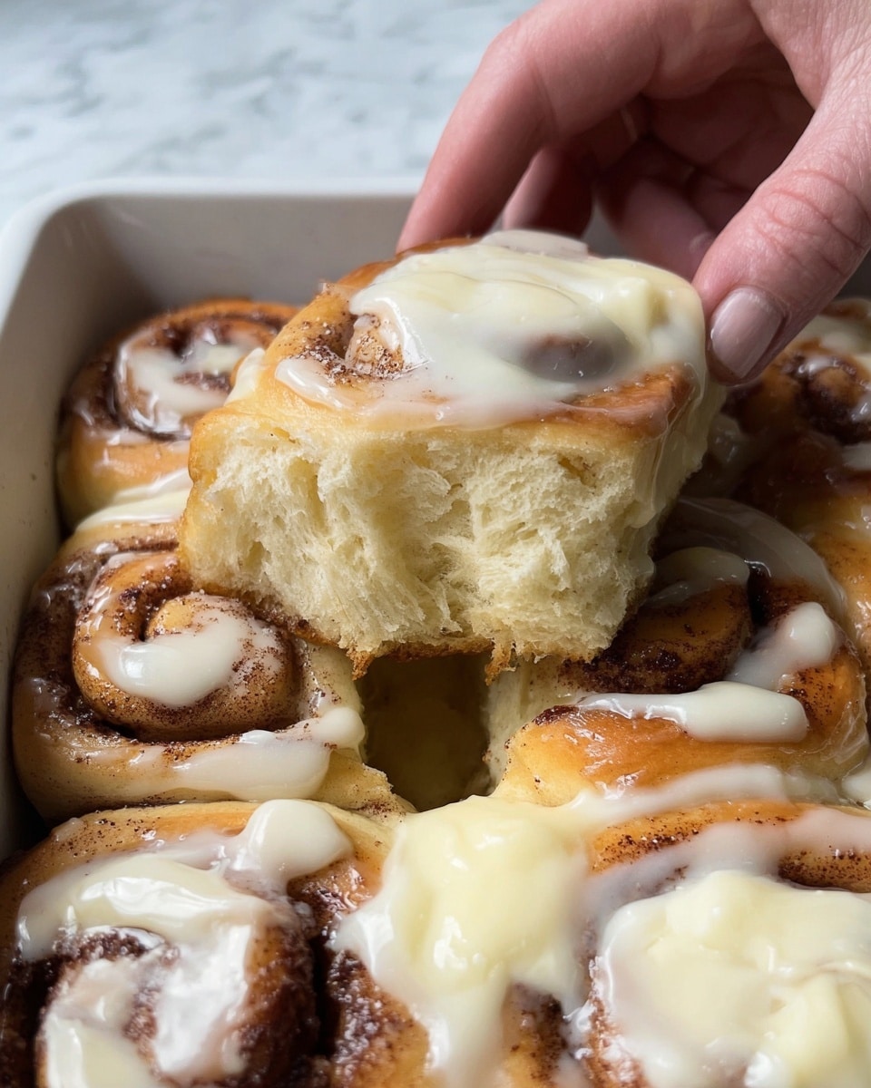 This image shows a close-up of soft cinnamon rolls in a white baking tray with a woman's hand picking one up. Each roll has two layers: a light brown dough base with a soft, fluffy texture, and a top layer of melted creamy white icing spread unevenly. The dough is sprinkled with a light cinnamon dust, adding a speckled brown color on the surface. The rolls are tightly packed together, showing the swirl-like shape of the dough inside, with the icing melting slightly down the sides. The background and surface have a white marbled texture photo taken with an iphone --ar 4:5 --v 7