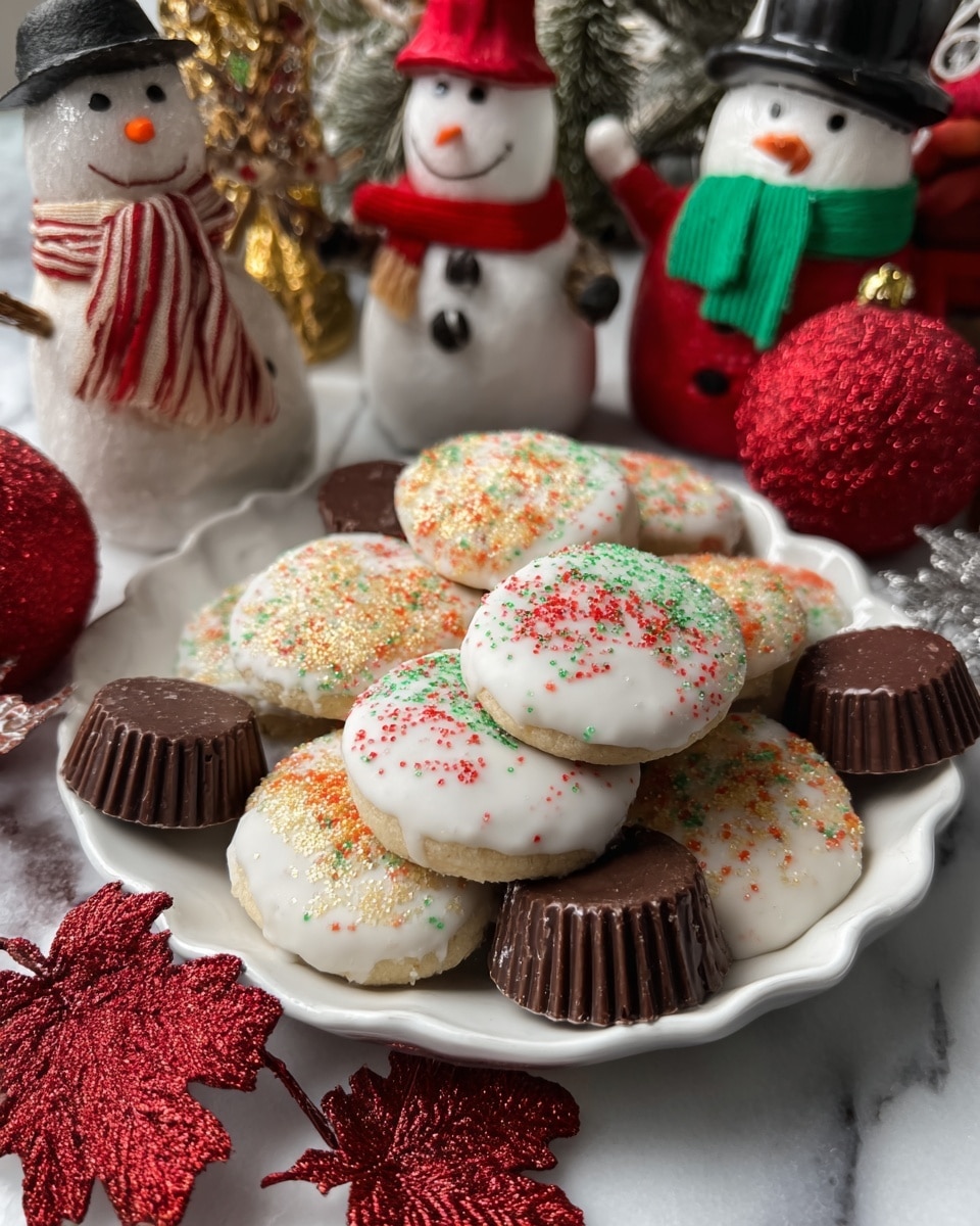 On a baking tray lined with parchment paper, there are small round treats that have two layers: a brown ridged base that looks like a mini cup, topped with a thick white coating. Each white top is sprinkled with colorful sugar—red, gold, or green—spread evenly over the surface. Around the tray, there is a woman's hand sprinkling gold sugar from a container. Behind the tray, the background shows a white marbled surface with festive decorations, including two snowman figurines dressed in winter clothes, a red and beige striped scarf and hat on one, and a green coat with red gloves on the other, plus red twigs and a red box nearby. photo taken with an iphone --ar 4:5 --v 7