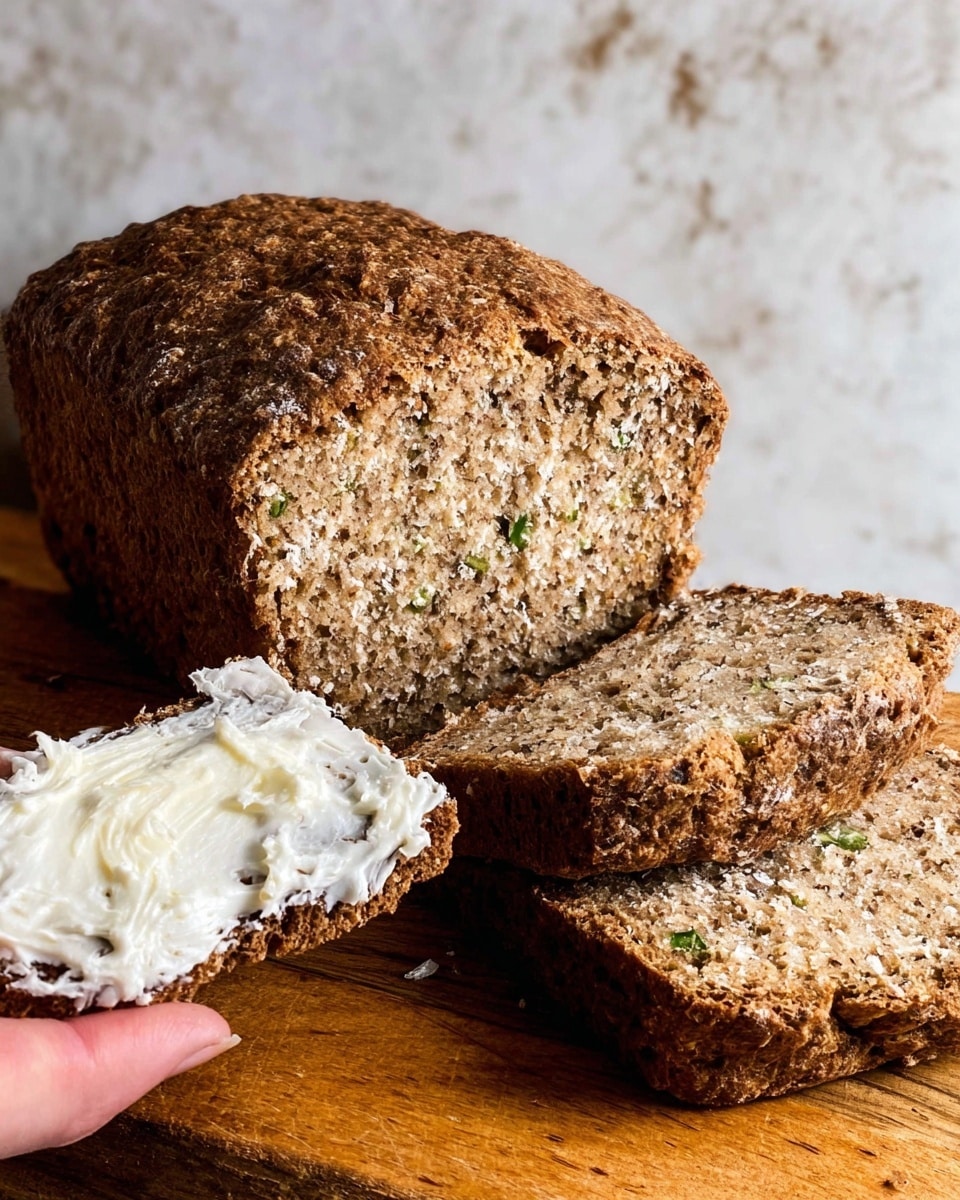 A loaf of brown bread with a rough, slightly cracked top sits on a wooden board; two slices are cut from it, showing a dense texture with small green flecks inside the bread. One slice is held by a woman's hand and is spread with a thick layer of creamy white butter, giving a smooth, shiny look. The bread has a rustic, homemade feel with an uneven surface and soft crumb. Photo taken with an iphone --ar 4:5 --v 7