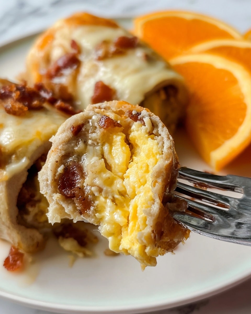 A close-up of a white plate with a stuffed roll held by a fork, showing three layers inside: the outer layer is a soft, light brown pastry, the middle layer is a creamy melted cheese with a slightly golden top, and the inner layer contains yellow scrambled eggs mixed with crispy brown bacon. In the background on the plate, there are bright orange tangerine slices. The plate is set on a white marbled surface, and the lighting highlights the soft texture of the roll and the moist eggs. Photo taken with an iphone --ar 4:5 --v 7