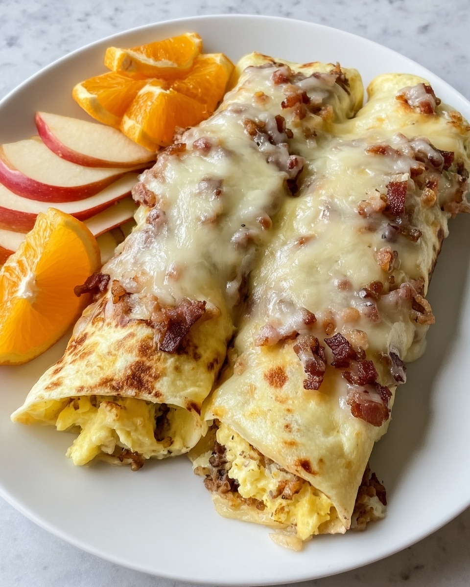 Two rolled crepes filled with yellow scrambled eggs, browned bacon bits, and melted cheese on top, with the cheese having a mix of white and yellow color, slightly browned and bubbly. The crepes show a light golden brown color under the cheese, and they are placed on a white plate. On the left side of the plate, there are sections of peeled orange and slices of peeled apple arranged neatly. The plate sits on a white marbled surface. photo taken with an iphone --ar 4:5 --v 7