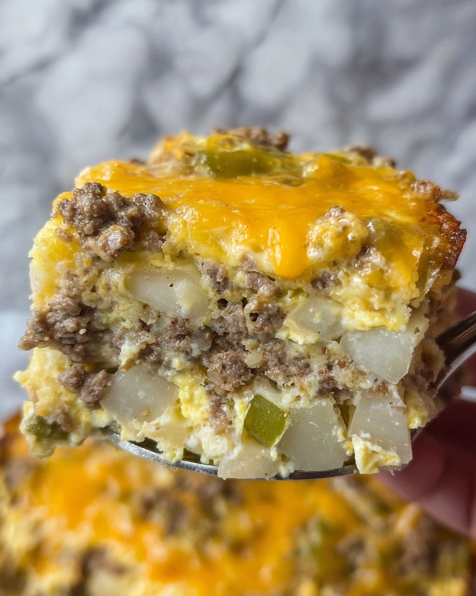 A close-up of a layered breakfast casserole held by a woman's hand with a spoon, showing four main layers. The bottom layer is light and fluffy scrambled eggs with small chunks of green peppers mixed in. Above it is a layer of soft, pale potato pieces with a tender texture. The third layer contains browned ground meat scattered throughout, giving a crumbled look. The top layer is melted yellow cheddar cheese that is smooth and slightly shiny, covering the casserole unevenly. The background and surface have a white marbled texture. Photo taken with an iphone --ar 4:5 --v 7