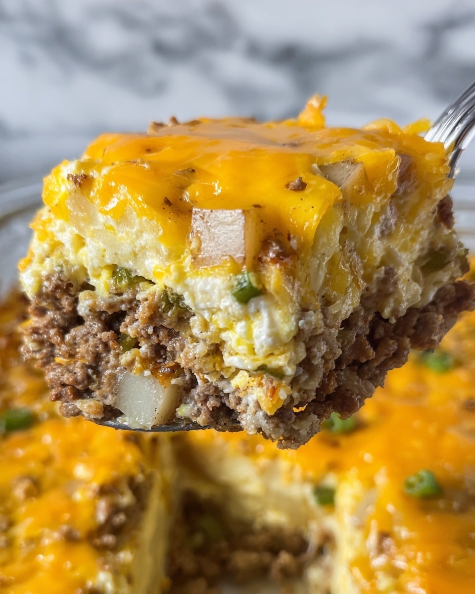 The image shows a close-up of a thick, layered casserole being lifted with a spoon. The casserole has four main layers: the bottom layer is a mix of cooked ground meat and small green pieces, giving a crumbly brown and green texture; above that is a layer of soft, white scrambled eggs mixed with small chunks of potatoes; on top of the egg layer are more potato pieces, creamy and pale yellow; and the top layer is melted bright yellow cheddar cheese that looks smooth and shiny. The background is a white marbled surface. Photo taken with an iphone --ar 4:5 --v 7