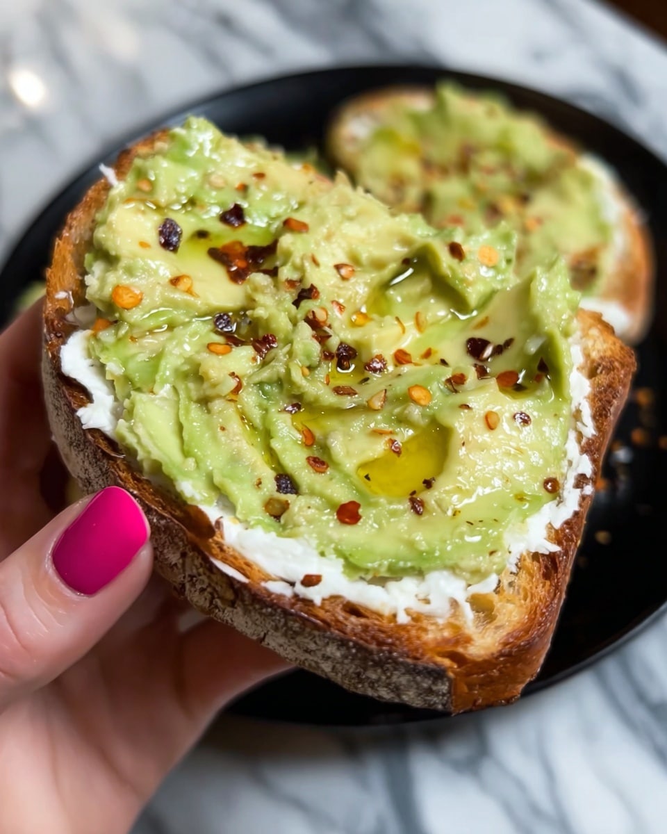 A single slice of toasted bread sits on a white plate, showing a golden brown and crispy texture along the edges. On top of the toast is a thick, uneven layer of creamy white spread that peeks out slightly from beneath a smoother, pale green avocado mash layer. The avocado spread is sprinkled with small red chili flakes and is drizzled with a shiny light yellow oil, giving it a glossy look. The white marbled texture underneath the plate adds a clean and bright contrast to the dish. photo taken with an iphone --ar 4:5 --v 7