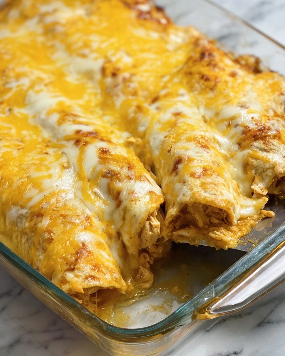 A glass square dish holds a cheesy baked casserole with three visible layers. The bottom layer is a soft, slightly orange sauce mixed with folded soft tortillas in the middle layer. The top layer is thick, melted cheese in a creamy white and light yellow mix, bubbling slightly and stretching as a woman's hand lifts a large serving with a spatula. The background shows a blur of a white marbled surface. photo taken with an iphone --ar 4:5 --v 7