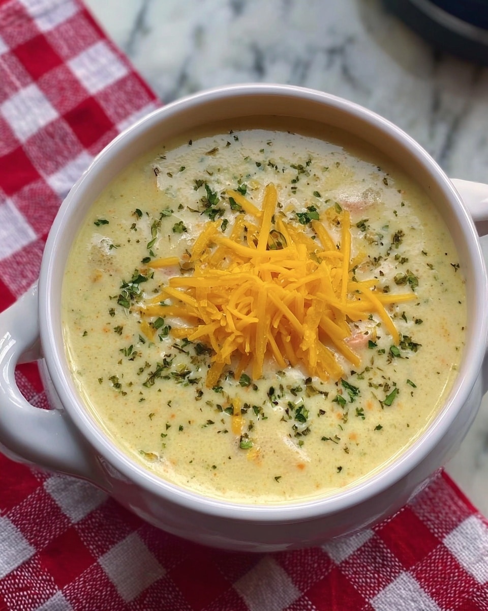 A white bowl filled with creamy soup that has a smooth, thick texture with specks of green herbs mixed throughout. The soup is topped with a small pile of bright orange shredded cheese in the center. The bowl is placed on a red and white checkered cloth, which rests on a white marbled surface. Photo taken with an iphone --ar 4:5 --v 7
