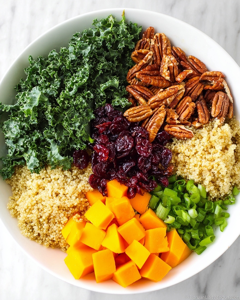 The image shows a large white bowl on a white marbled surface filled with six different ingredients arranged in separate sections that almost fill the whole bowl. Starting from the top left moving clockwise, there is a layer of dark green curly kale leaves with a textured, wrinkled look, next to that is a pile of brown pecan halves with a rough, ridged surface. Next, there is a portion of cooked quinoa, pale yellow in color with small, round grain texture. Below that is a section of bright orange cubed butternut squash with smooth edges. In the center of the bowl, there is a small heap of dark red dried cranberries with a wrinkly, shiny texture, and to the far left, there is a layer of chopped green onions, light and dark green with a smooth texture. All ingredients are neatly placed in separate layers, showing a colorful and fresh mix photo taken with an iphone --ar 4:5 --v 7
