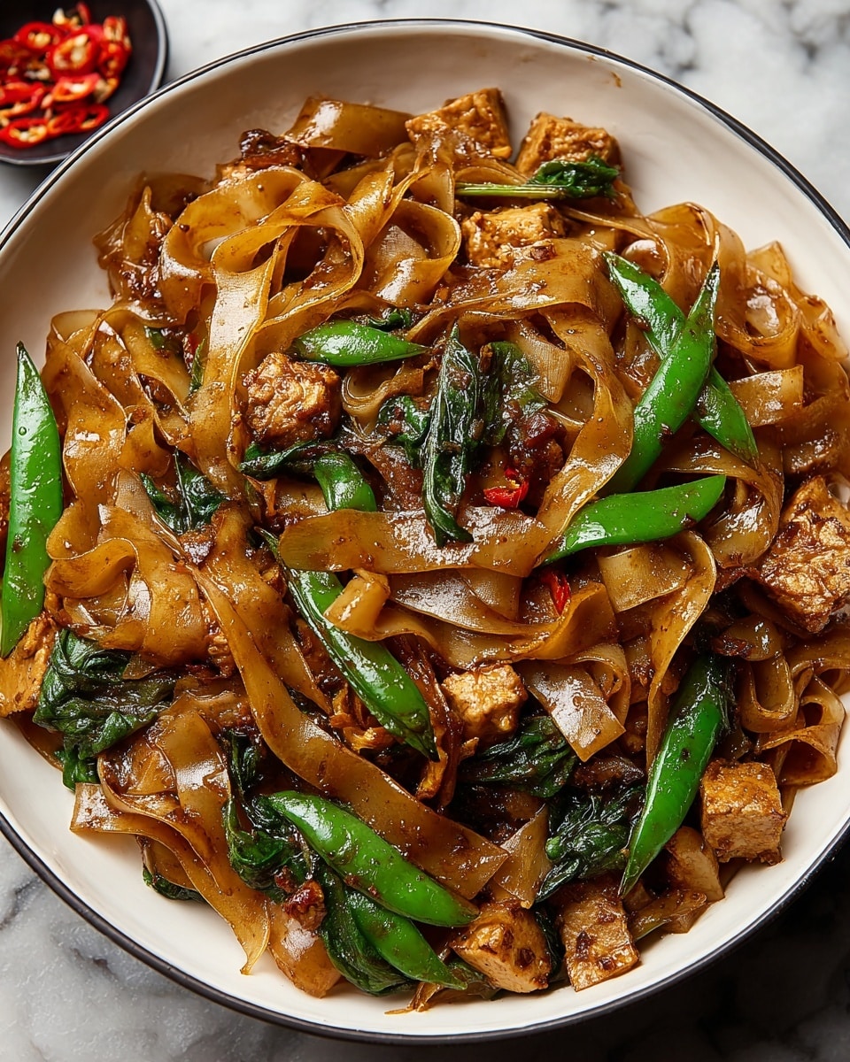 A white bowl filled with wide, flat noodles coated in a shiny brown sauce forms the base layer, mixed throughout with small cubes of light brown cooked meat and bright green snap peas. Scattered dark green leafy vegetables add a fresh contrast, while small bits of red chili are visible in the sauce, giving spots of warm color. The noodles have a soft but slightly glossy texture, and the meat pieces are cooked with a slight browned edge. The dish sits on a white marbled surface, with a close view showing the rich mix of colors and textures. Photo taken with an iphone --ar 4:5 --v 7