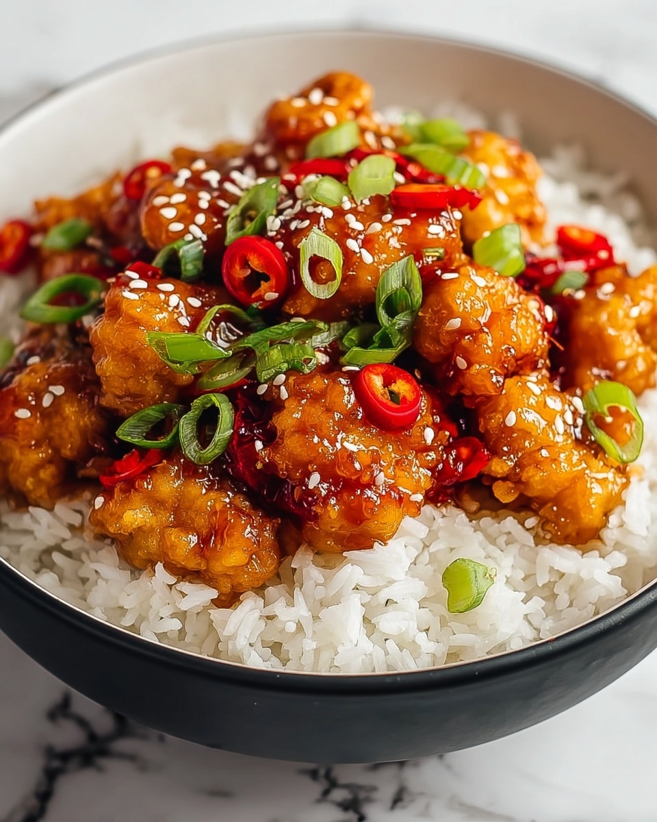 This image shows a bowl with three layers. The bottom layer is white cooked rice with a soft and fluffy texture. On top of the rice, there is a layer of golden-brown chicken pieces covered in a shiny, sticky orange sauce. Scattered on the chicken are small pieces of green onion and slices of red chili peppers. The chicken is sprinkled with white sesame seeds. The bowl is white, and the background is a white marbled texture. Photo taken with an iphone --ar 4:5 --v 7