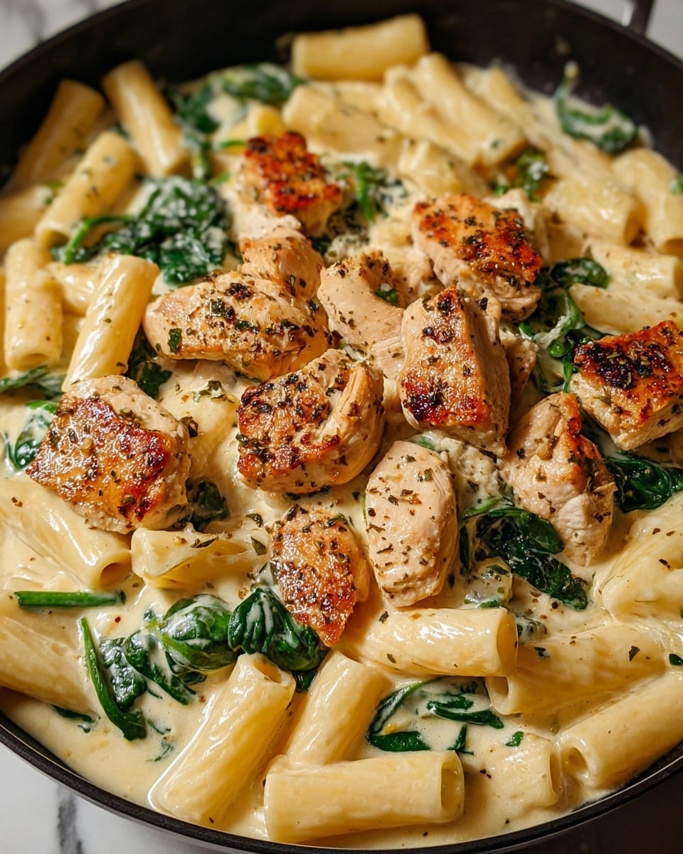 The image shows a close-up of a creamy pasta dish in a black pan. The dish has three main layers: at the bottom, there are rigatoni pasta pieces in a pale yellow color, coated with a thick, creamy light beige sauce. Above the pasta, wilted dark green spinach leaves are spread unevenly across the pan. On top, there are bite-sized pieces of lightly browned chicken with specks of black pepper and herbs, giving a slightly crispy texture. The creamy sauce lightly pools around the pasta and chicken, adding a rich look to the dish. The background and surface are a white marbled texture. photo taken with an iphone --ar 4:5 --v 7