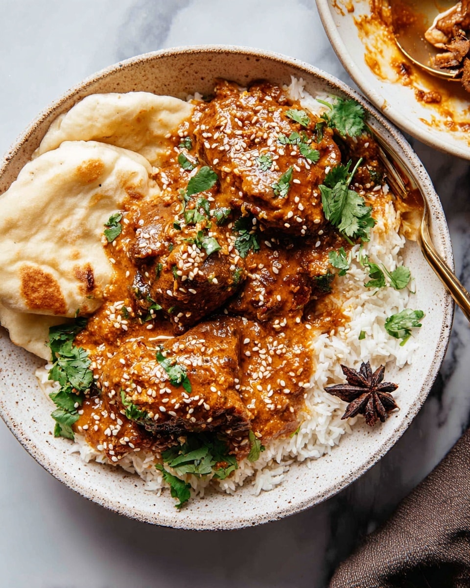 A white speckled bowl with three large pieces of brown meat covered in a thick, rich, orange-brown sauce topped with small sesame seeds sits on a bed of soft, white rice. Fresh green cilantro leaves are sprinkled over the meat and rice. On the left side, two pieces of light tan flatbread rest against the rice. In the rice near the bottom right, a dark brown star anise pod is visible. The bowl is placed on a white marbled surface, with a small part of another white plate in the upper right corner showing some sauce and a gold fork. Photo taken with an iphone --ar 4:5 --v 7