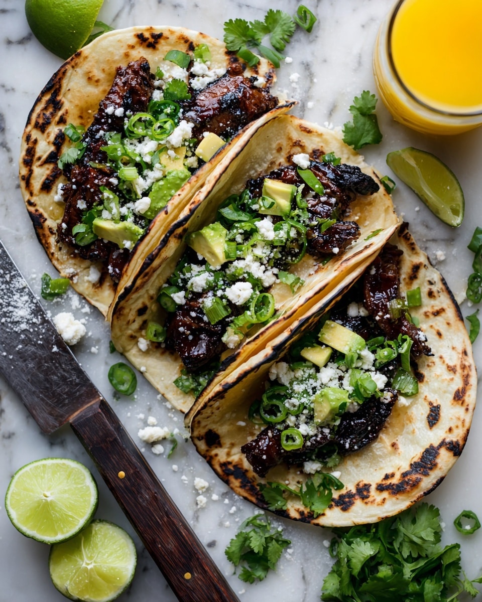 The image shows three soft tacos with warm, slightly charred white tortillas folded to hold the fillings. Each taco has a base layer of juicy, dark brown grilled meat, topped with bright green chopped fresh cilantro and sliced green onions. Small chunks of light green avocado and white crumbly cheese are scattered on top, adding contrast to the rich colors. Around the tacos, there are freshly squeezed lime halves and coarse salt crystals on a white marbled surface, along with a dark wooden-handled knife. The background also shows a glass of yellow-orange juice. photo taken with an iphone --ar 4:5 --v 7