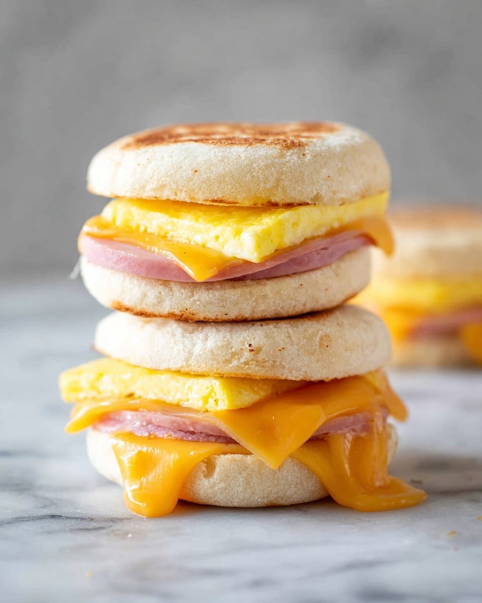 A stack of two breakfast sandwiches is shown on a white marbled surface. Each sandwich has three layers: the top and bottom layers are light golden toasted English muffins with a soft, slightly textured surface. The middle layers include a square folded yellow egg, bright orange melted cheese slightly dripping down the sides, and a round pink slice of ham placed directly under the top muffin and above the egg. The sandwiches are neatly stacked, showing the gooey cheese stretching out on both. Photo taken with an iphone --ar 4:5 --v 7