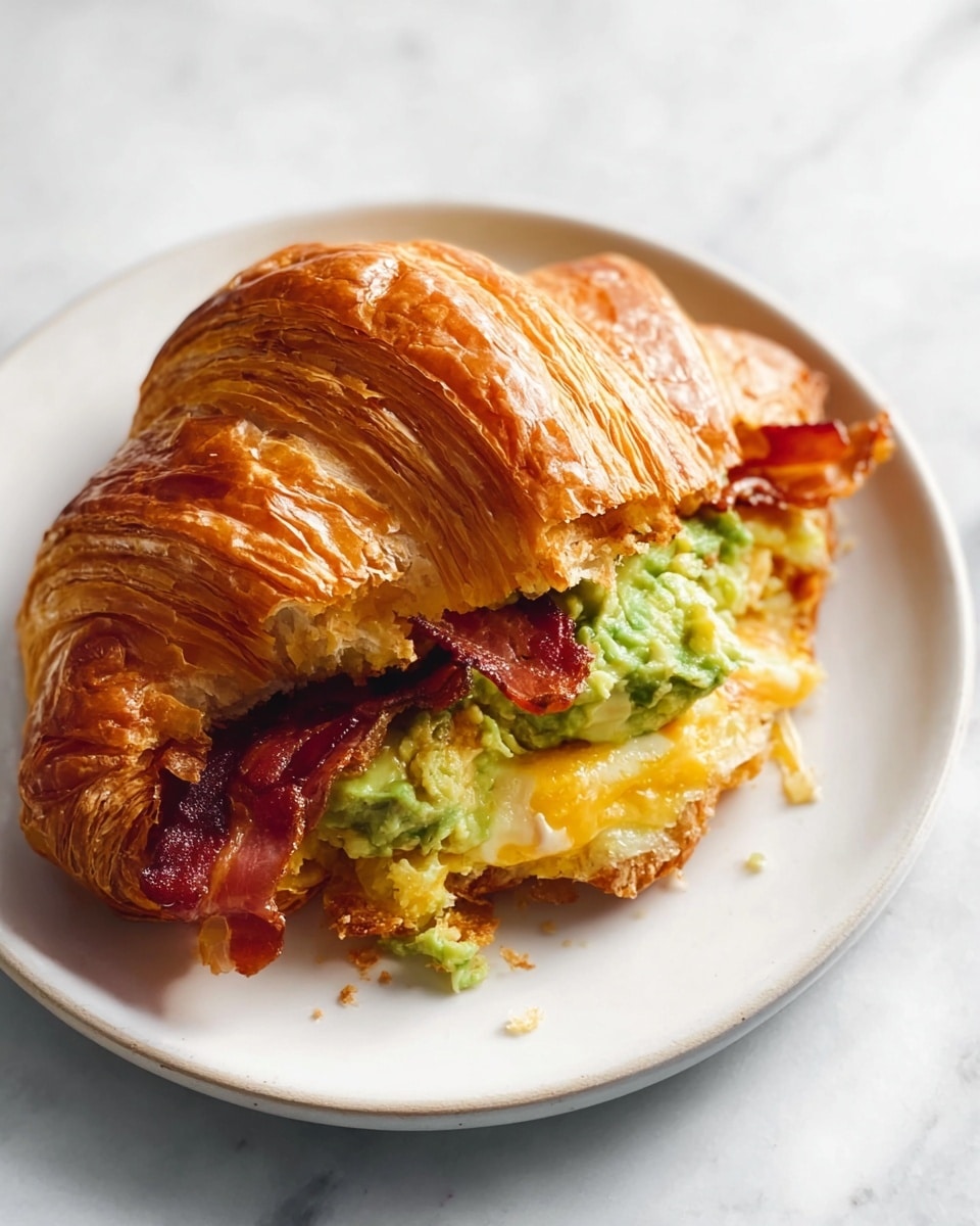 A flaky, golden brown croissant sandwich sits on a white plate, partially open to show three layers inside: a crispy dark red bacon layer, a bright green mashed avocado layer with a creamy texture, and melted yellow cheese that oozes slightly. The croissant has a shiny, layered crust with a soft, fluffy inside. The plate rests on a white marbled texture background. photo taken with an iphone --ar 4:5 --v 7