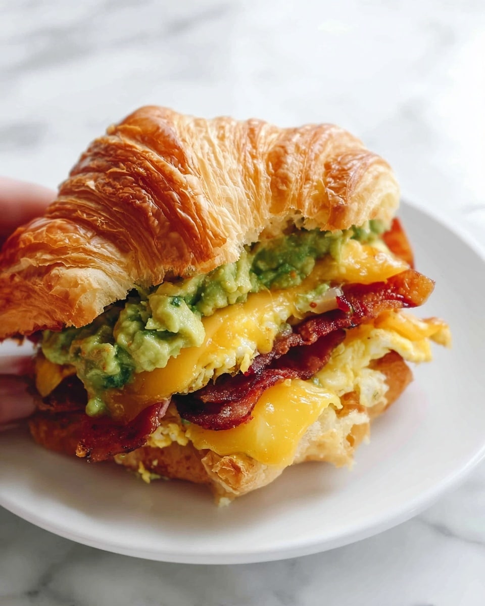 A sandwich is held on a white plate by a woman's hand. The sandwich has three main layers: the top layer is a golden-brown, soft croissant bun with a flaky texture; the middle layer shows a chunky green spread of guacamole with bits of avocado visible; beneath the guacamole is a bright yellow layer of melted cheese, slightly soft and glossy. Below the cheese, there are slices of cooked, reddish-brown sausage or bacon with a slightly crispy edge. The sandwich is cut in half, showing all layers and textures clearly. The background features a white marbled texture. photo taken with an iphone --ar 4:5 --v 7