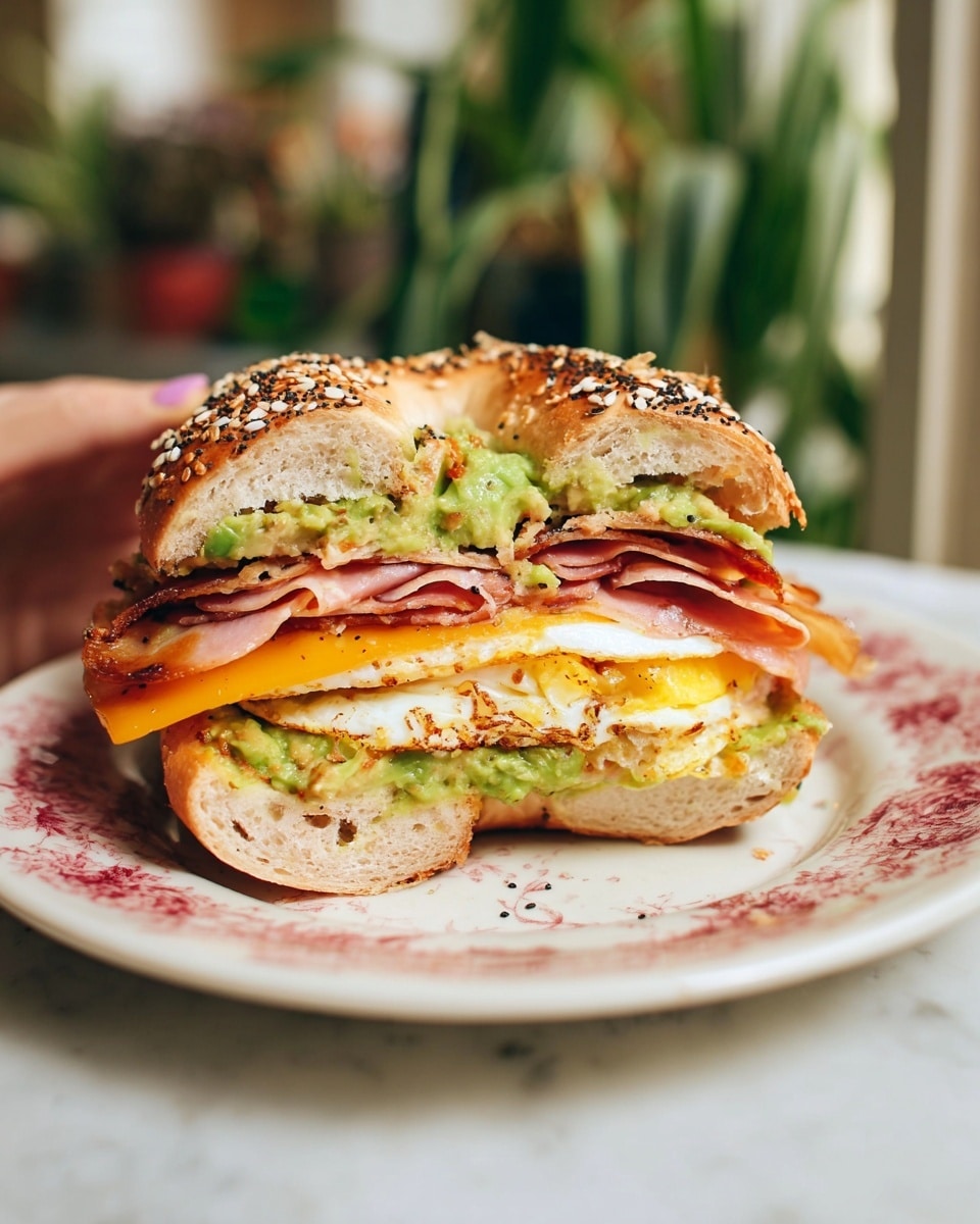 A sandwich is shown with a woman's hand holding the top half to reveal its layers. The sandwich has an everything bagel sliced in half with a light toasted outer crust covered in sesame seeds and dried onion bits. The bottom layer is mashed green avocado spread thickly over the soft white interior of the bagel base. On top of the avocado is a white fried egg layer with lightly browned edges. Above the egg is melted bright orange cheddar cheese. The next layer is folded slices of pink ham with slightly crisped edges. The open sandwich half is resting above the other half, which is fully assembled with the melty cheddar and ham visible. Both sandwich halves sit on a white plate with a faded red floral pattern. The background shows a soft-focused indoor setting with green plants visible near a window, all placed on a white marbled surface. Photo taken with an iphone --ar 4:5 --v 7